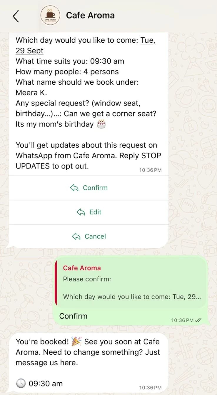Cafe Aroma sample booking confirmation on WhatsApp, with booking details and Confirm, Edit and Cancel buttons.