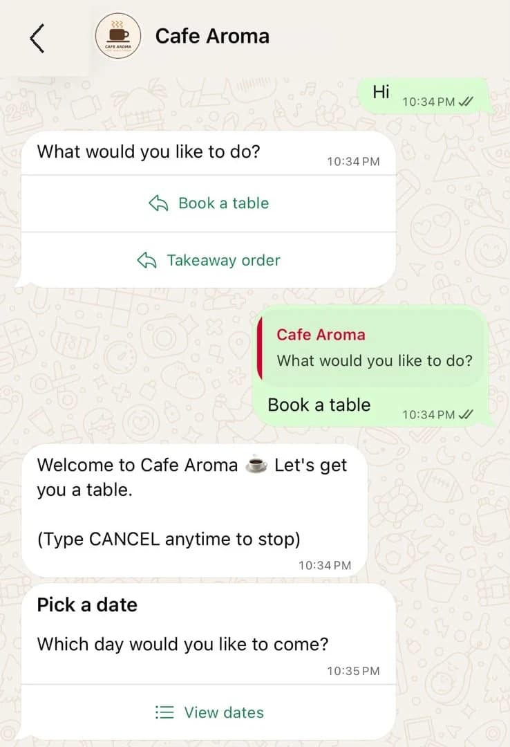 Cafe Aroma sample booking conversation on WhatsApp: choose Book a table, then pick a date.