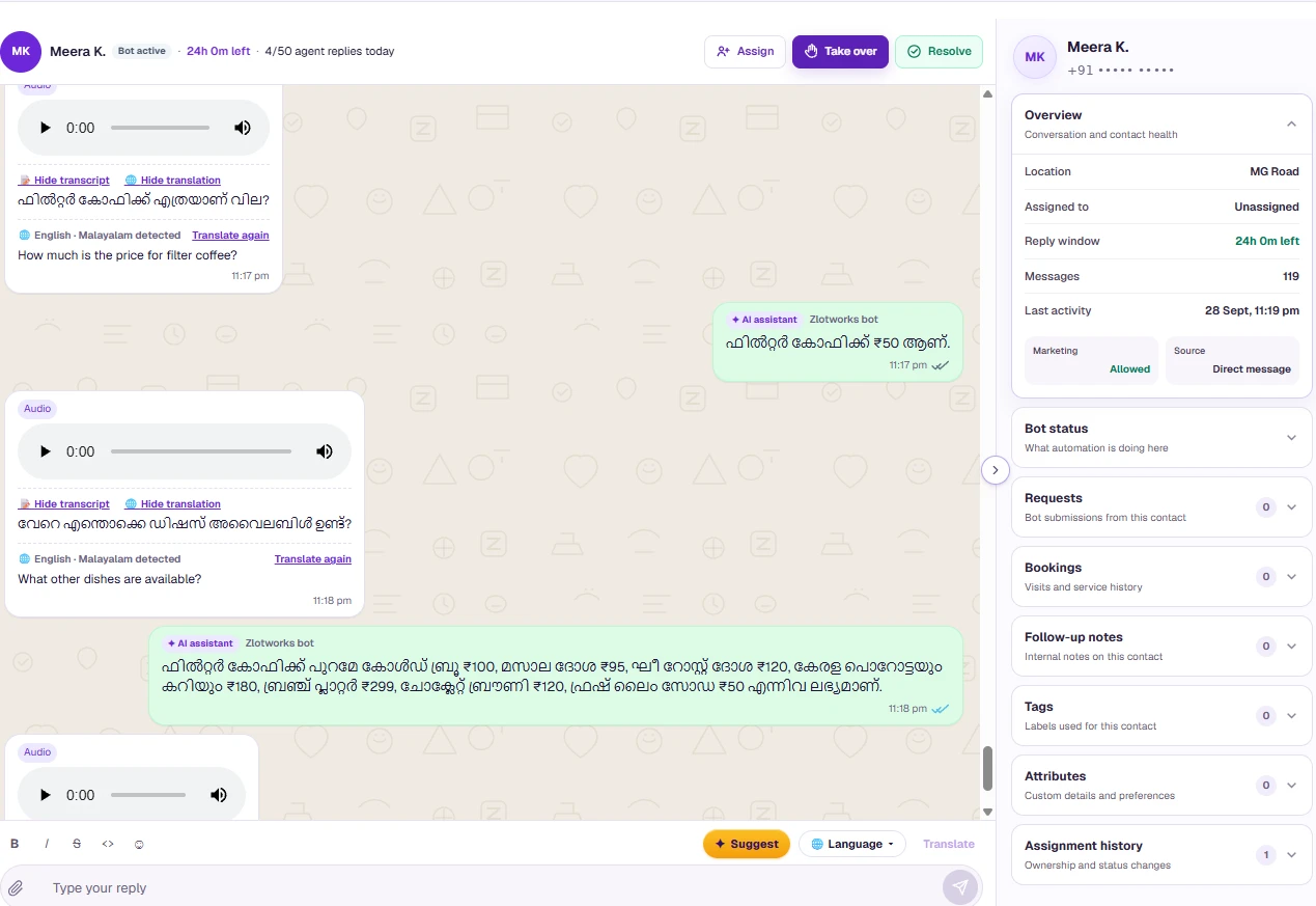 Zlotworks Chats: See messages, translations, team handover and contact details together.